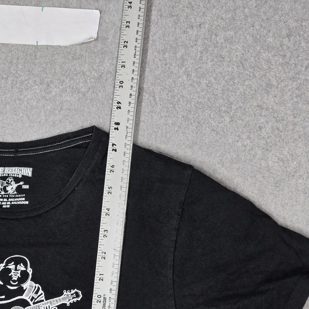 True Religion Men Shirt M/M Black Graphic Guitar Buddha Logo Short Sleeve